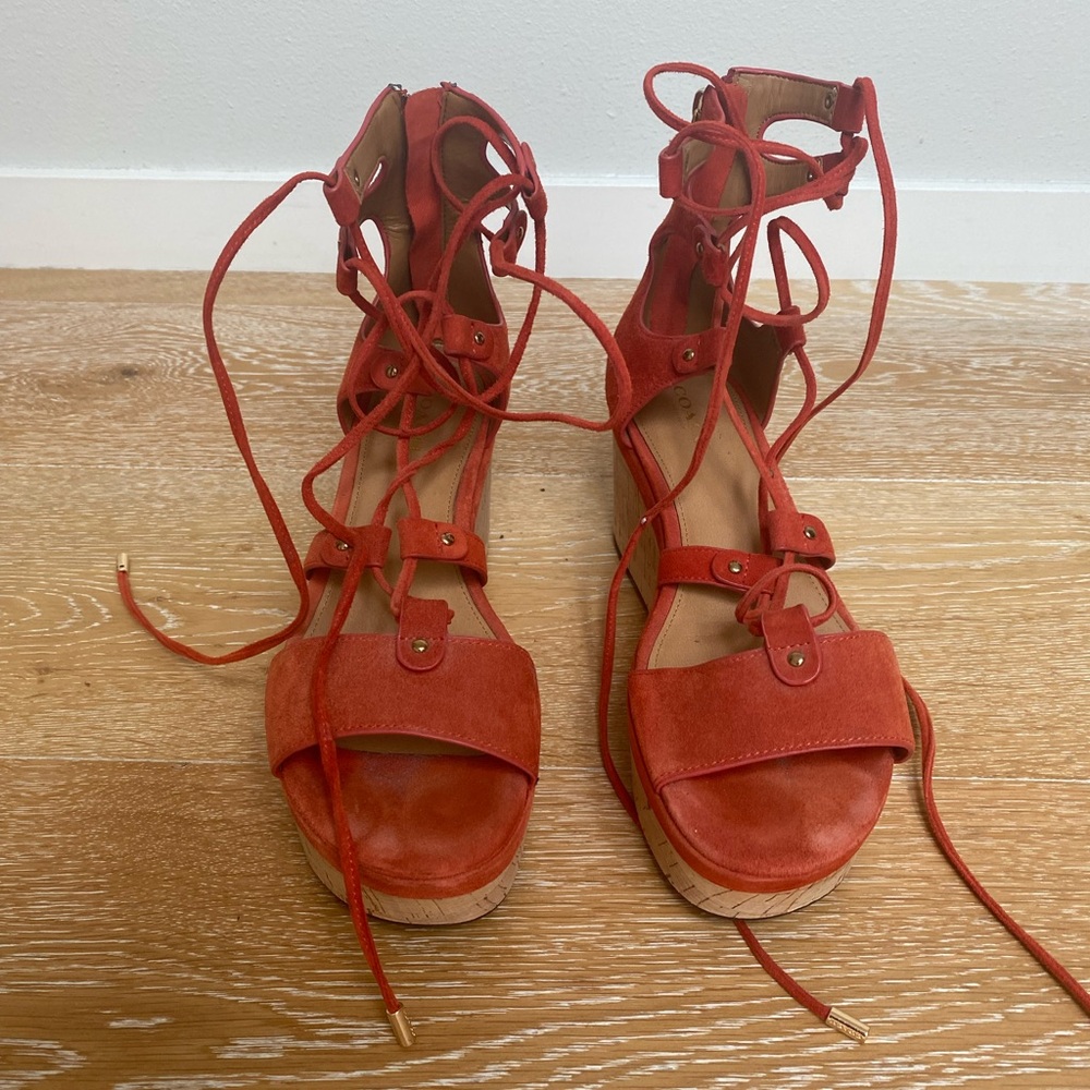 COACH Orange Suede Lace-Up Wedge Sandals